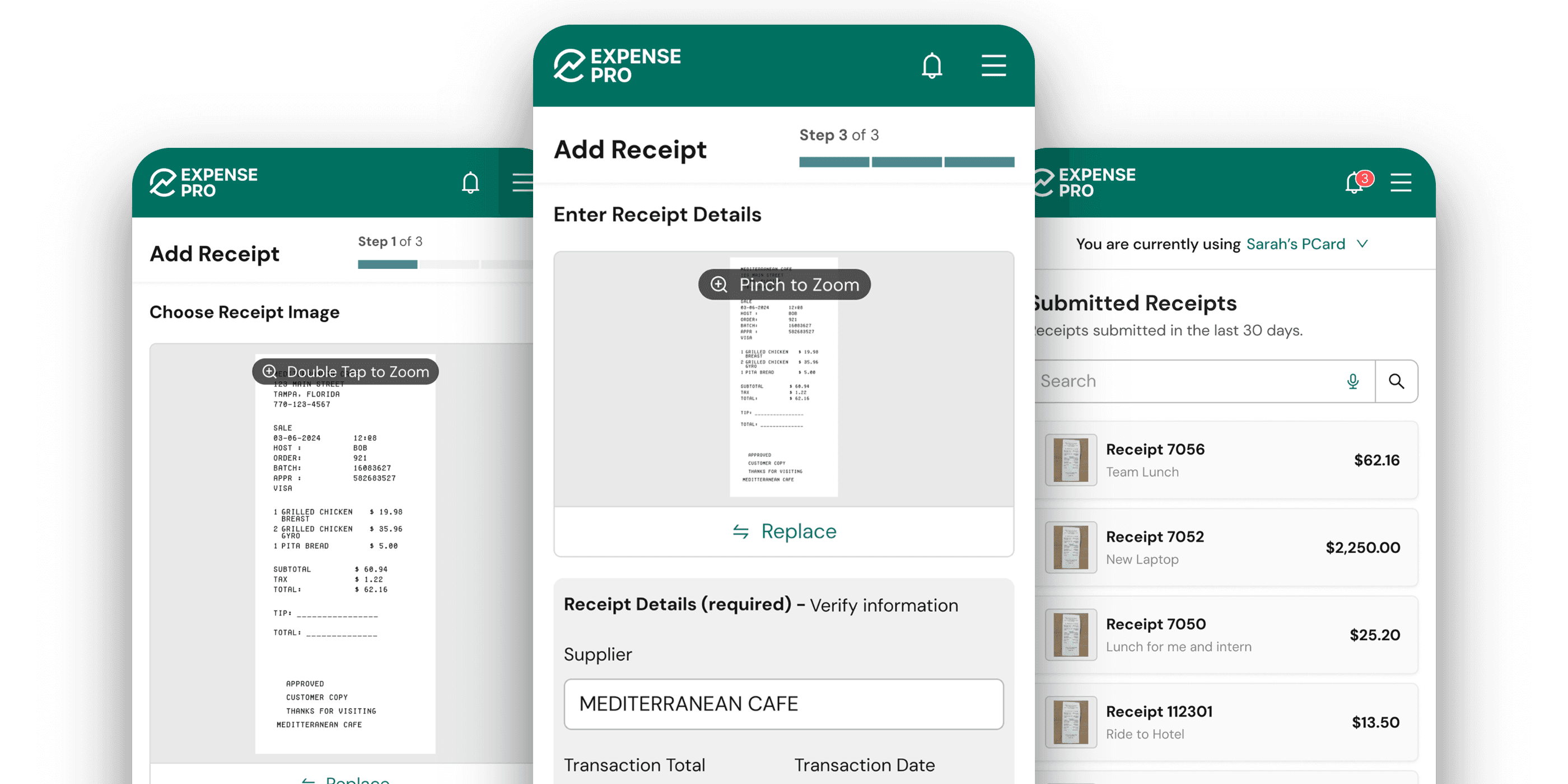 Three ExpensePro screens: uploading a receipt photo, AI-extracted receipt details, and the submitted receipts list