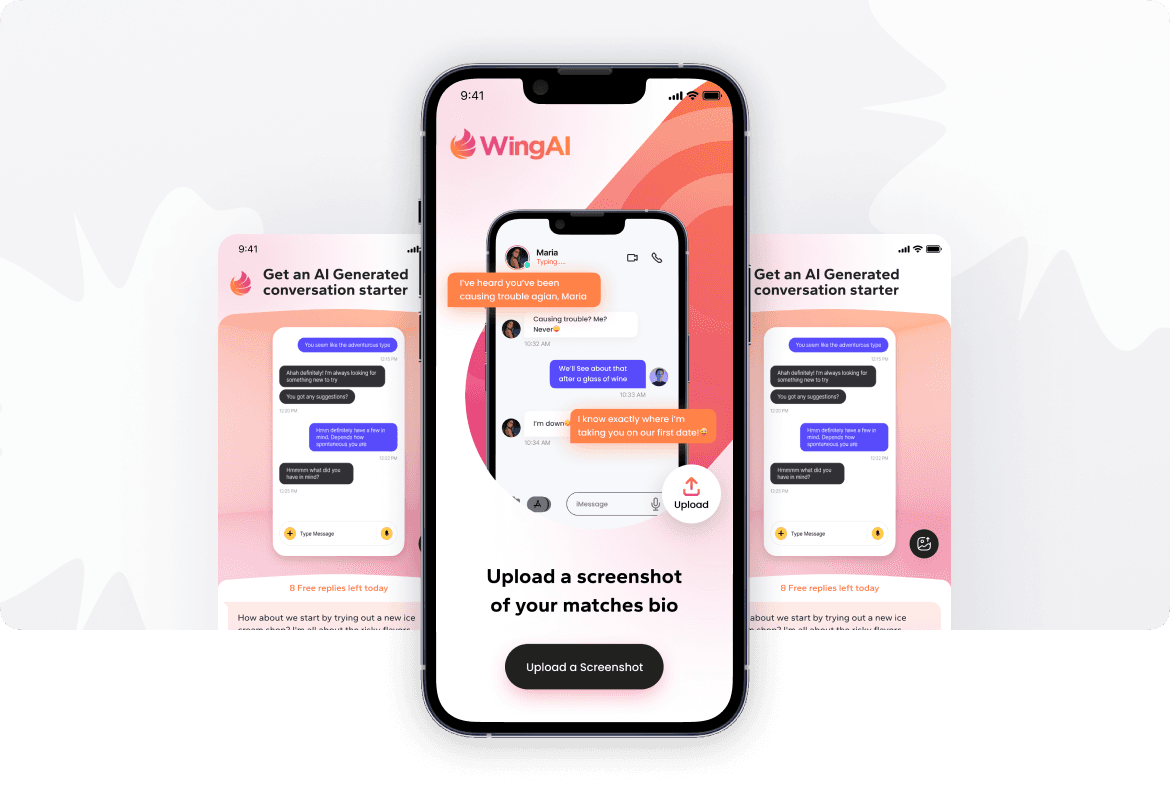 Three phone screens of the WingAI app generating conversation openers from a match’s profile